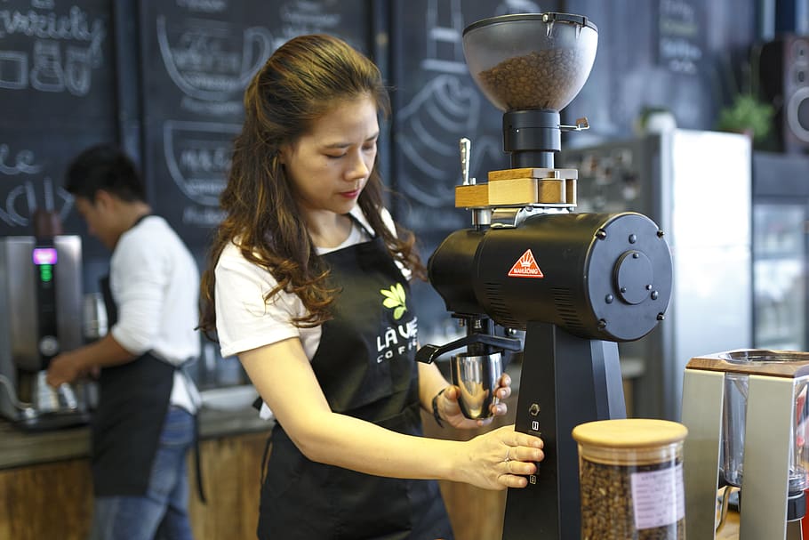 Woman Grinding Coffee Bean, bar, barista, beverage, brewed coffee