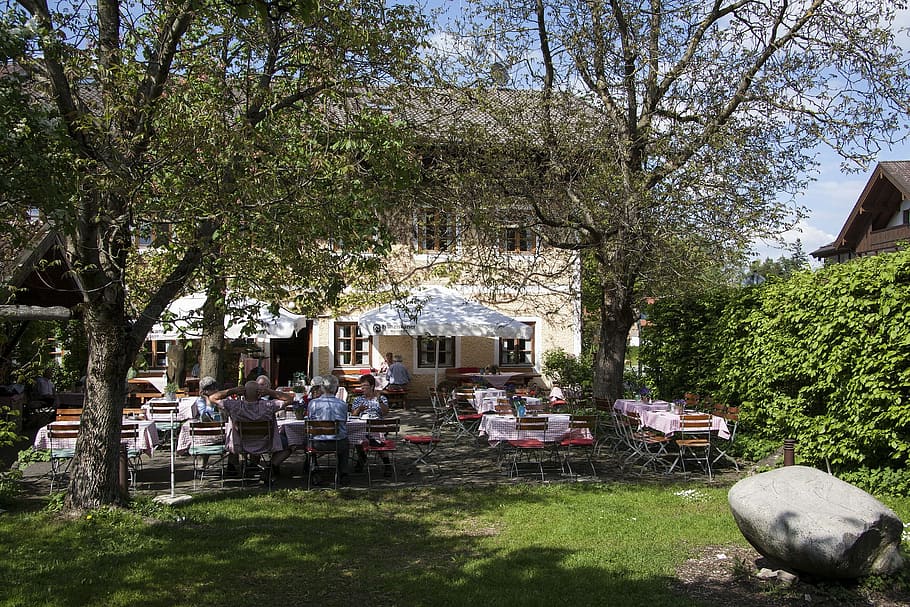 garden, restaurant, human, activity, table, tree, plant, architecture HD wallpaper