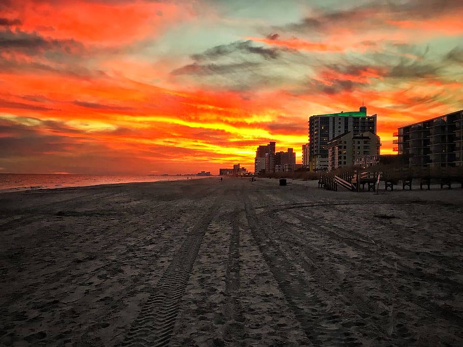 united states, north myrtle beach, fire, orange, sky, clouds, HD wallpaper