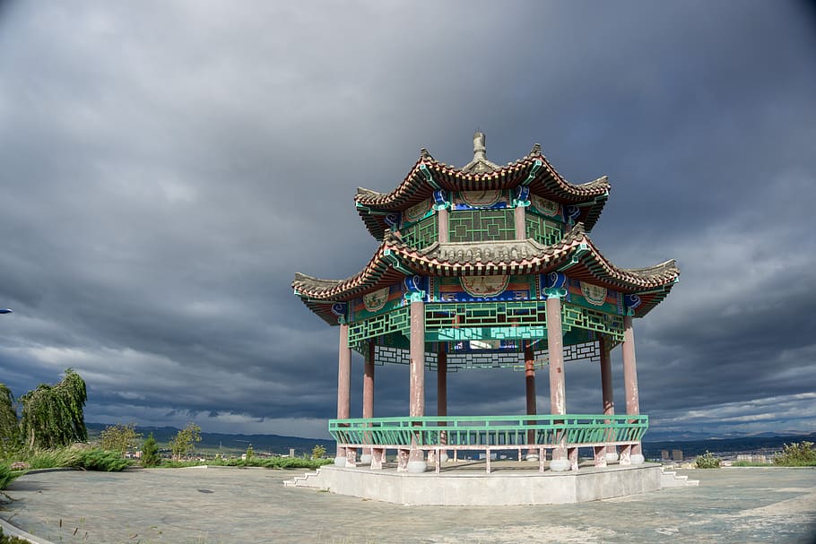 mountain, dark clouds, hdr, color, pavilions, traditional building HD wallpaper