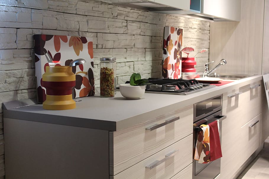 White Wooden Kitchen Cabinet, backsplash, contemporary, cookware