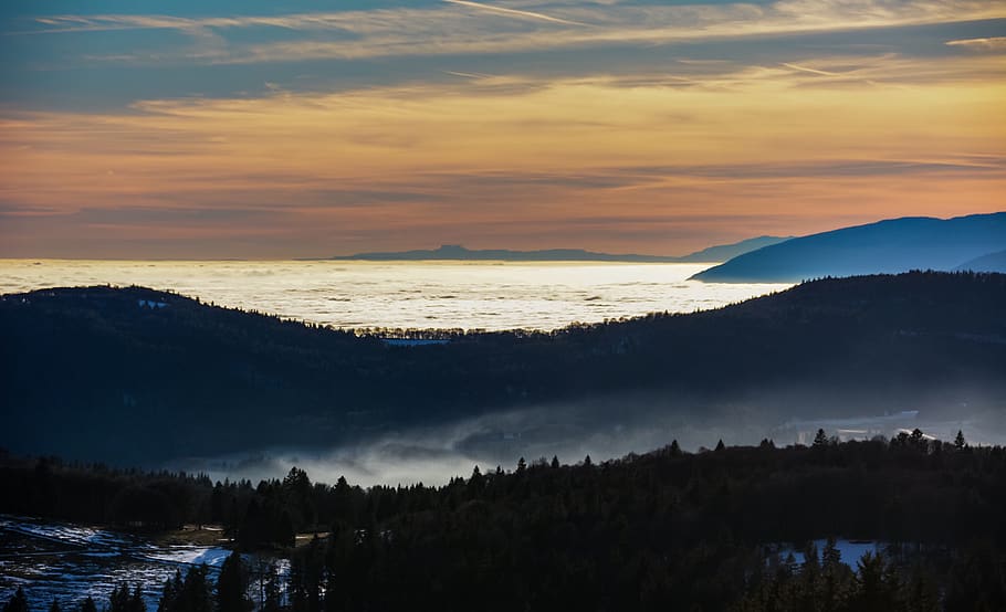 sunset, twilight, fog, mist, winter, landscape, plateau, jura HD wallpaper