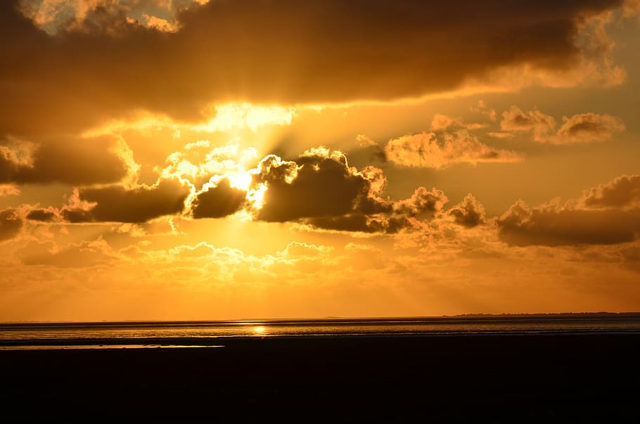 sunset, sea, water, sky, evening, nature, dusk, twilight, lake HD wallpaper