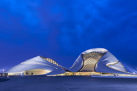 harbin, china, night, architecture, blue, built structure, city HD wallpaper