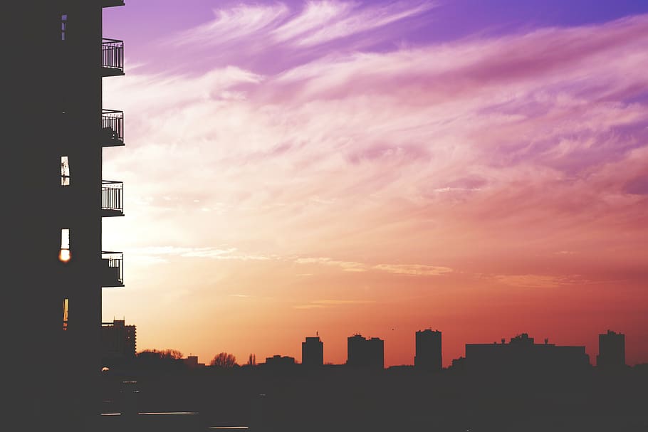 architecture, building, infrastructure, sunset, silhouette HD wallpaper