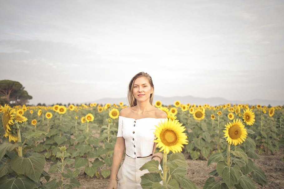 Photo of a Woman Standing on the Sunflower Field, attractive HD wallpaper