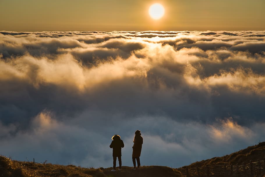 landscape, mountain, summit, clouds, sunset, silhouette, couple HD wallpaper