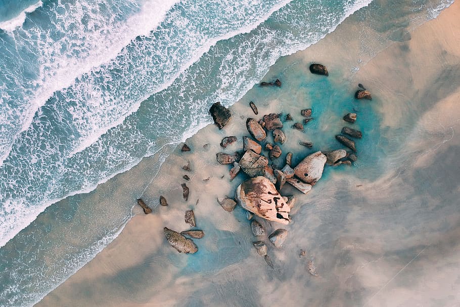 Aerial Shot of Rocks on Shore, aerial view, beach, coast, drone shot, HD wallpaper