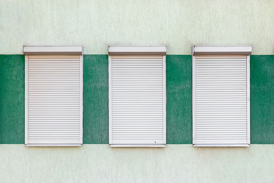 three closed roller shutters, building, window, green, wall, outdoors HD wallpaper