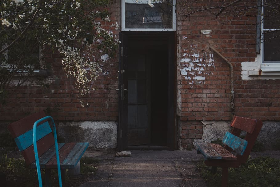 opened door, furniture, bench, park bench, sitting, couch, banister HD wallpaper