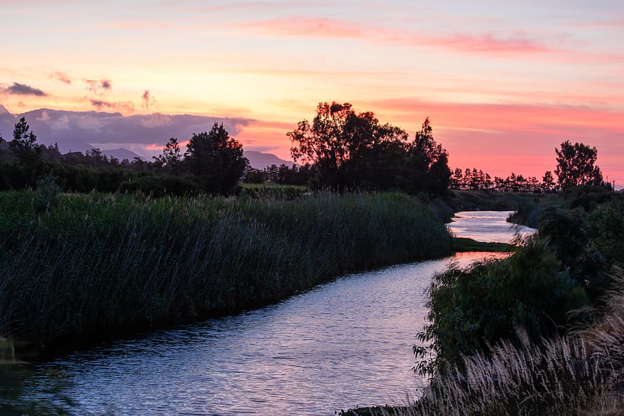 River Surrounded With Grass, clouds, evening, golden hour, landscape HD wallpaper