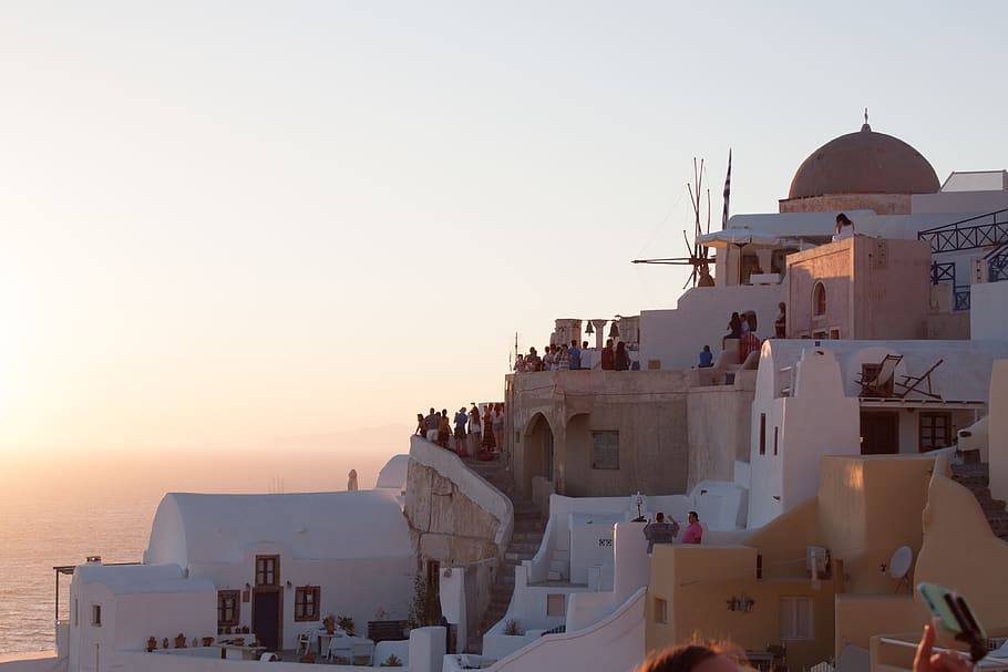greece, santorini, sunset, architecture, building exterior HD wallpaper
