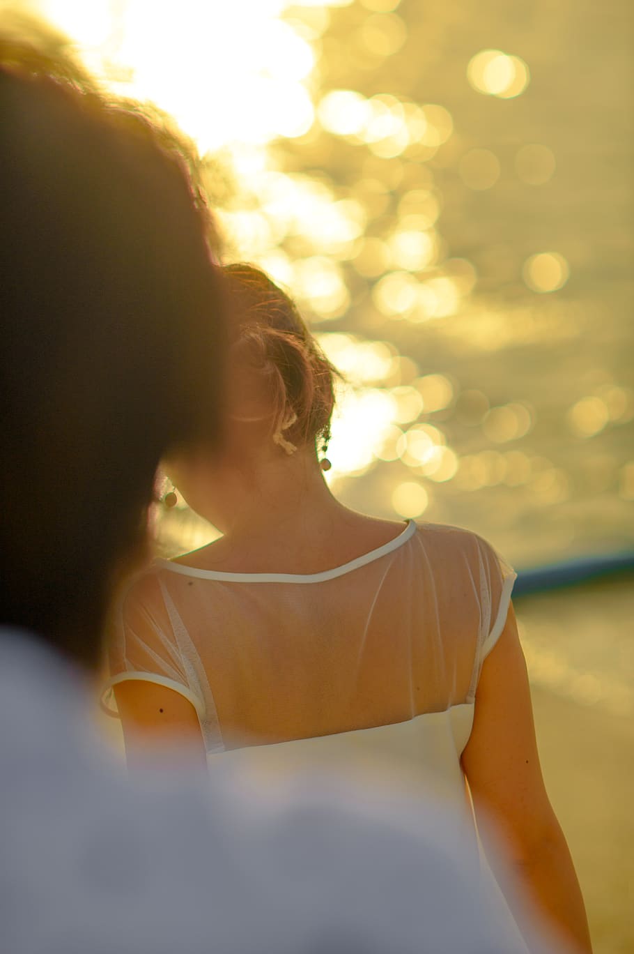 Woman Wearing White Illusion-neckline Dress, back view, blur HD wallpaper