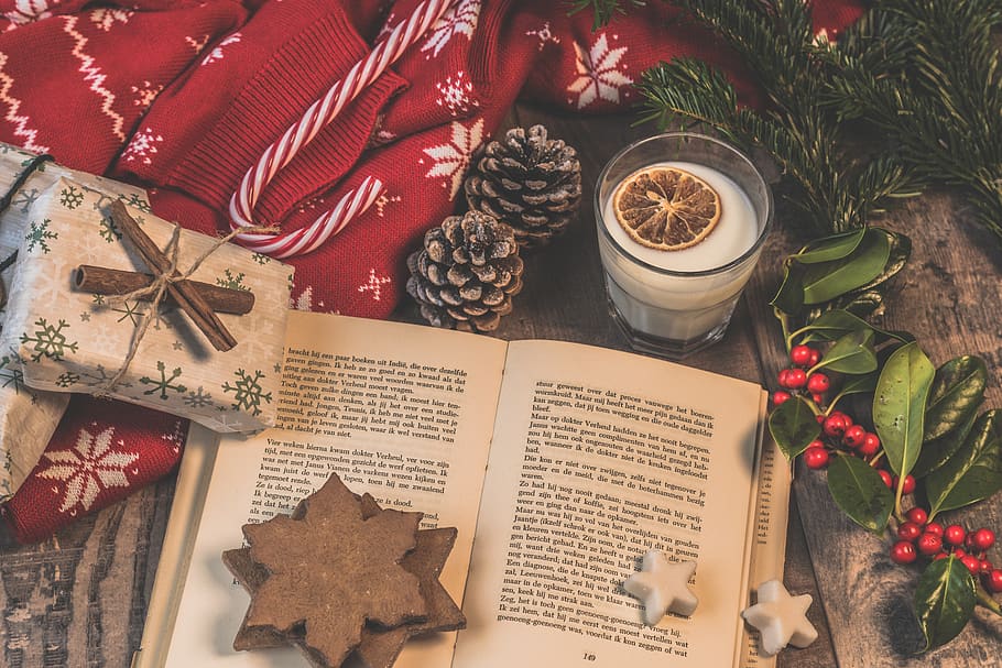 Glass of Milk Near Open Book, advent, candy cane, celebration HD wallpaper