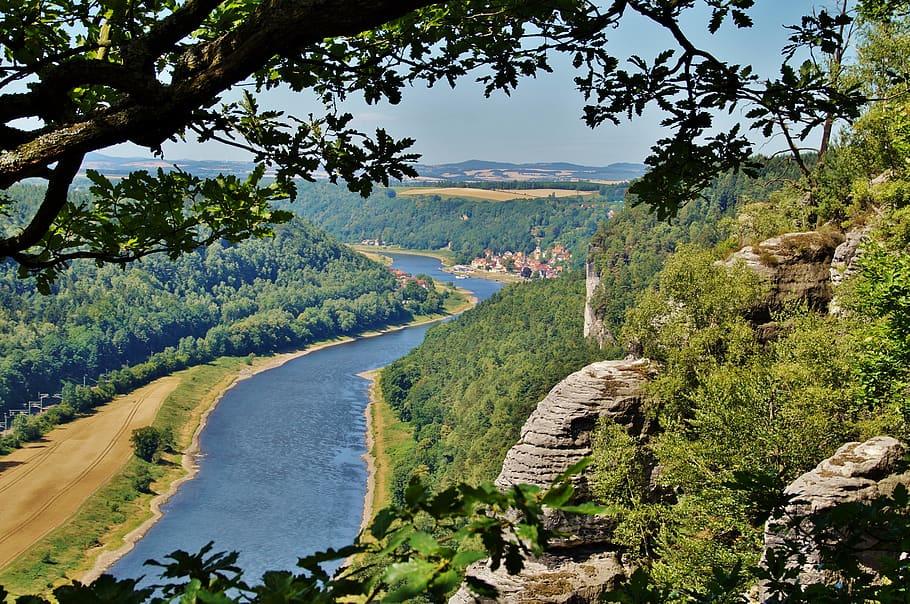 sandstone, rocks, services, germany, elbe, wooded, bank, river HD wallpaper