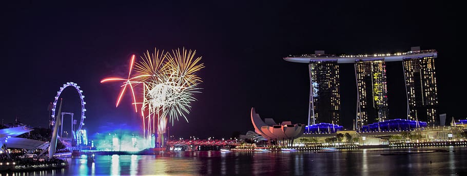 fireworks, cityscape, flyer, singapore, marina bay sand, illuminated HD wallpaper