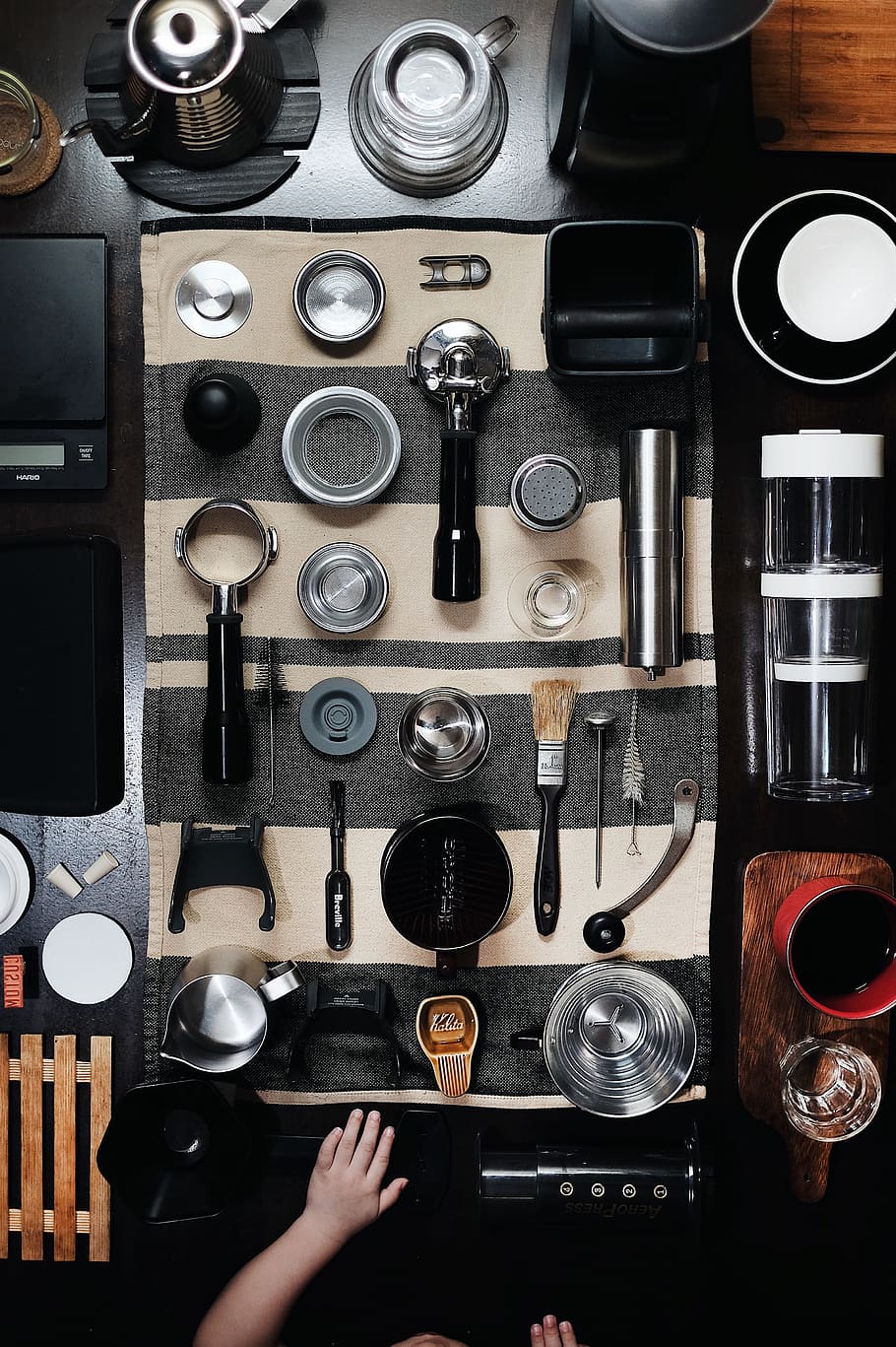 top view photo of table with kitchen tools, coffee equipment, HD wallpaper