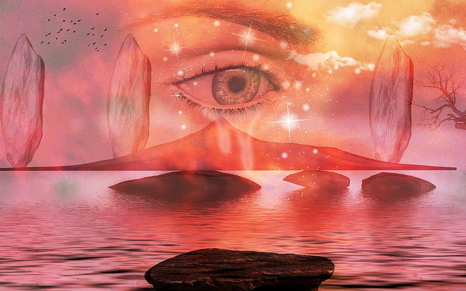 eye, rock, waters, tear, longing, fantasy, eyelashes, lake HD wallpaper