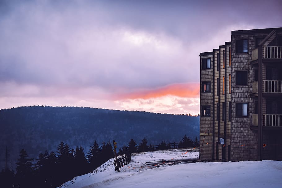 Brown Concrete Building, clouds, cold, fence, frost, frozen, golden hour HD wallpaper