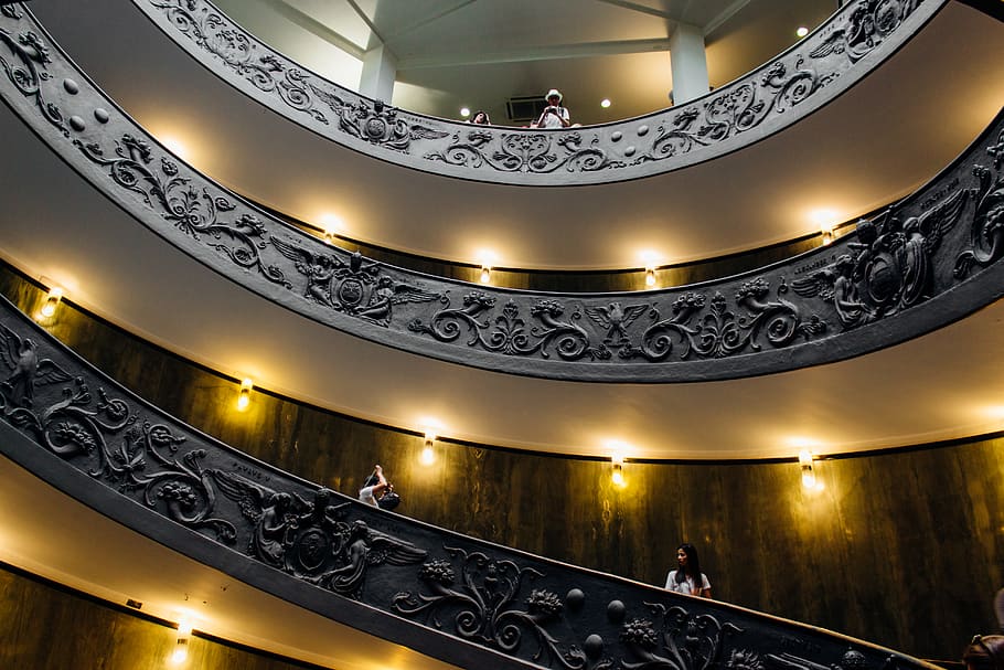 people walking on spiral staircase, architecture, viale vaticano, HD wallpaper