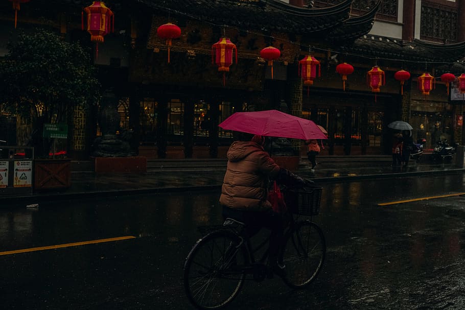 china, shanghai, umbrella, rain, wet, city, real people, transportation HD wallpaper