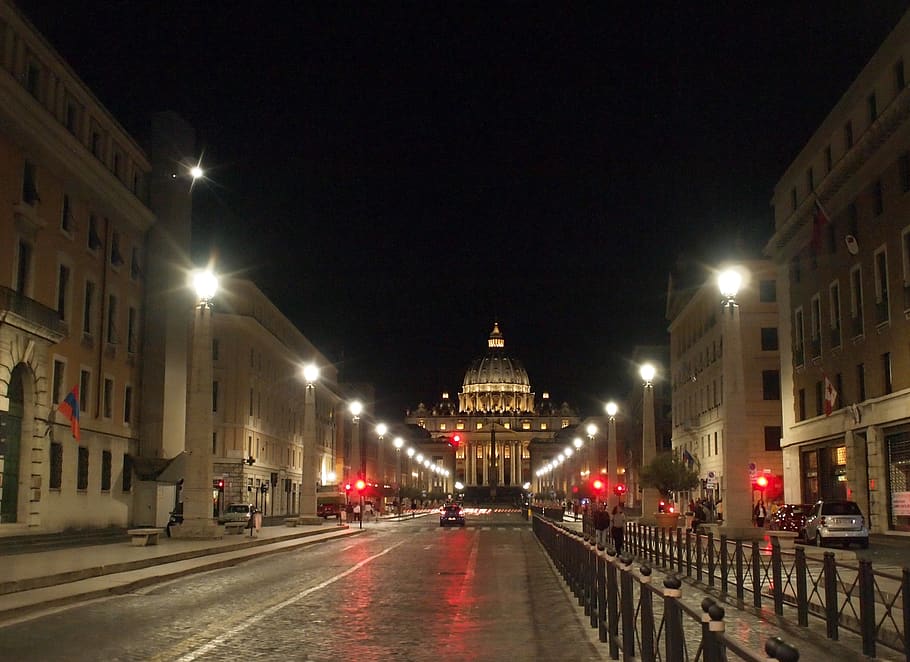 vatican city, church, lights, night, road, illuminated, architecture, HD wallpaper