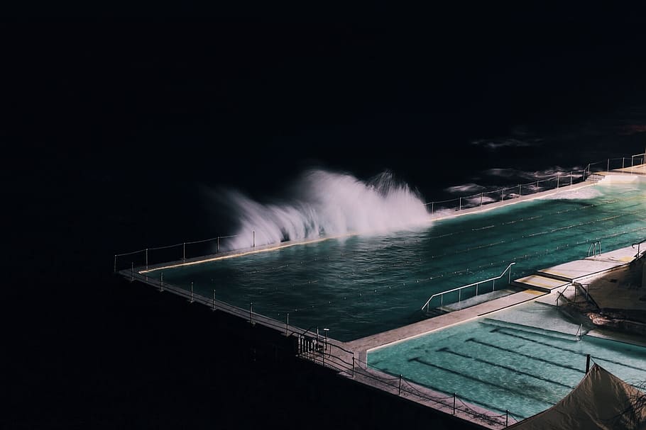 swimming, pool, water, waves, ocean, sea, splash, dark, night HD wallpaper
