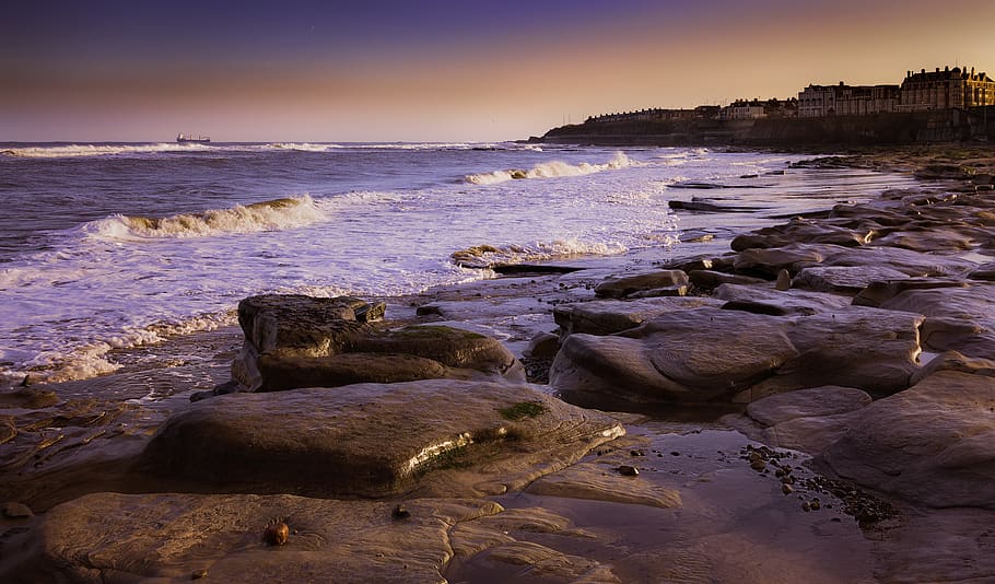 Rocks By The Shore, beach, dawn, ocean, sea, seascape, seashore HD wallpaper