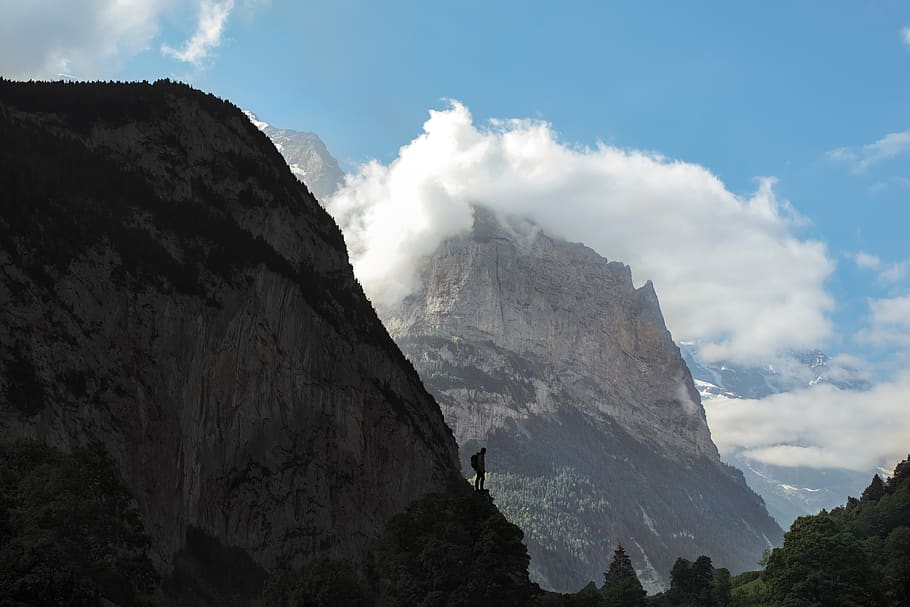 mountains, sky, landscape, clouds, climber, lauterbrunnen, switzerland HD wallpaper