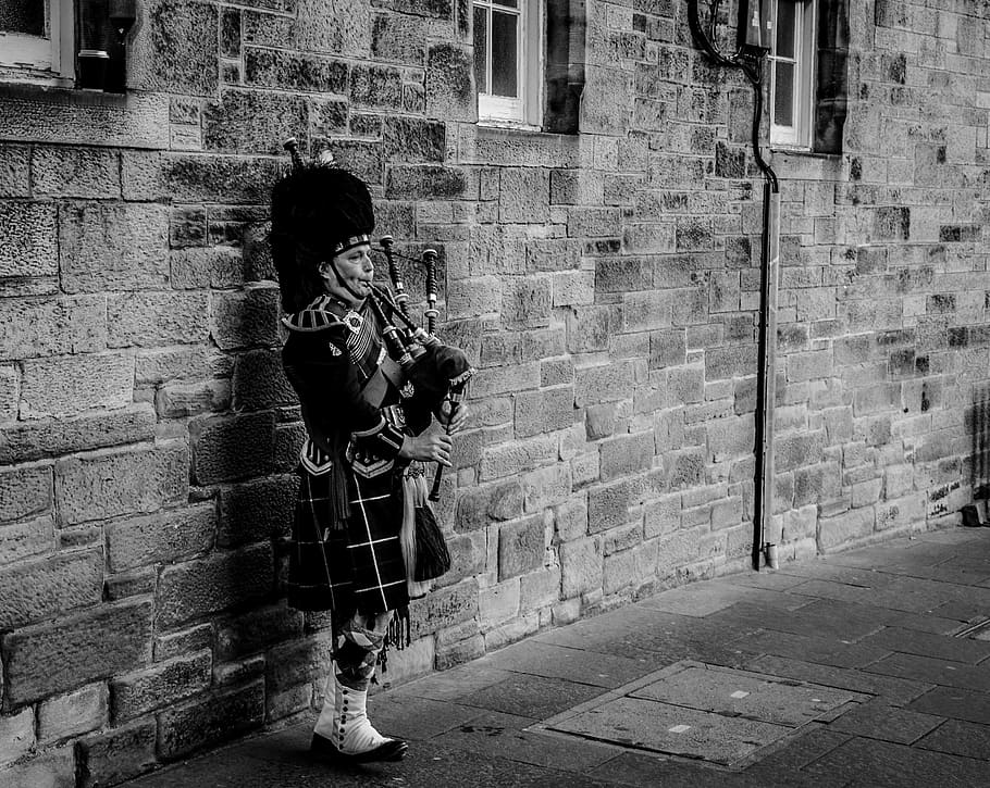 Person Using Bagpipes Near Wall in Grayscale Photography, adult, HD wallpaper