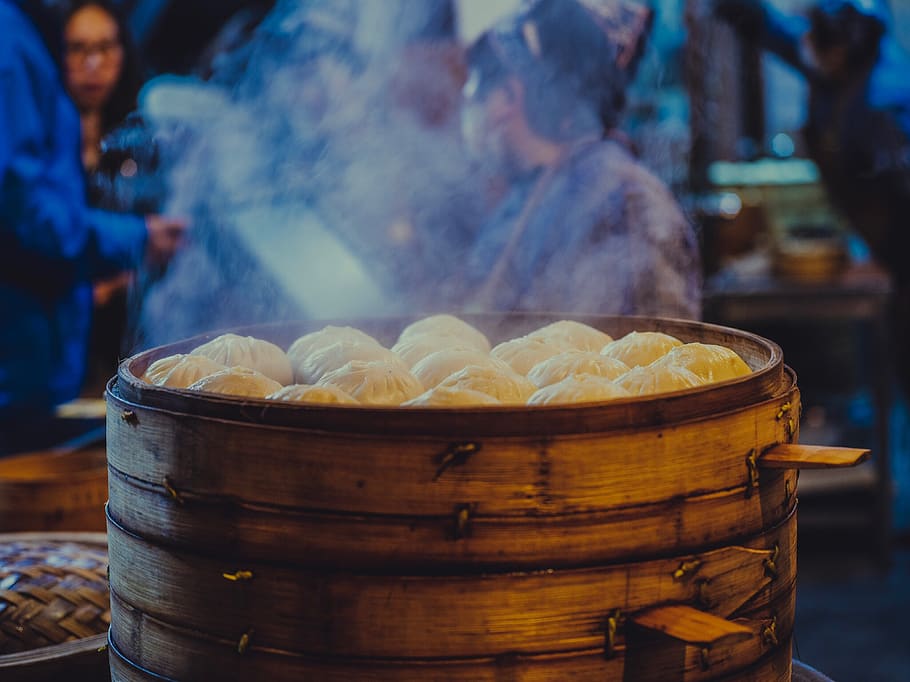 steamed buds and bamboo steamer, food and drink, freshness, focus on foreground, HD wallpaper