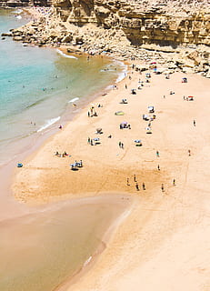 aerial photography of beach, sand, shore, seaside, ocean, people HD wallpaper