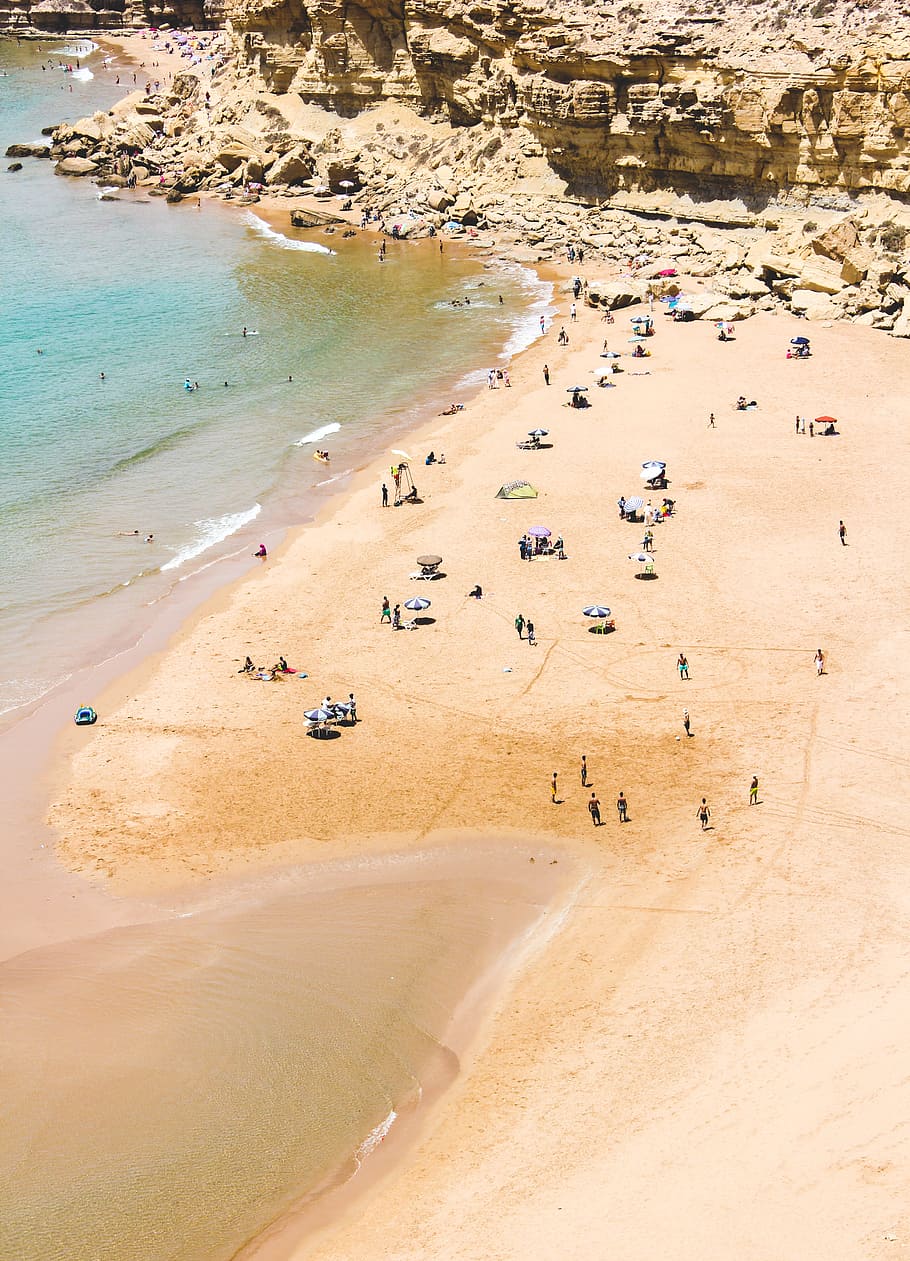 aerial photography of beach, sand, shore, seaside, ocean, people HD wallpaper