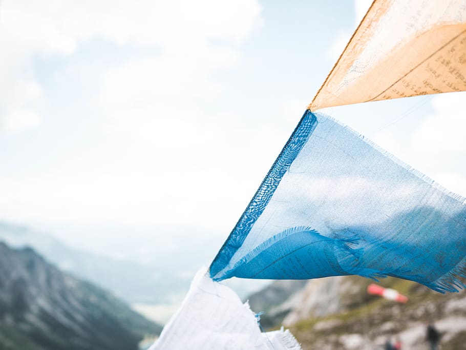 Blue and White Textiles Hanged on Black Cable, altitude, clouds HD wallpaper