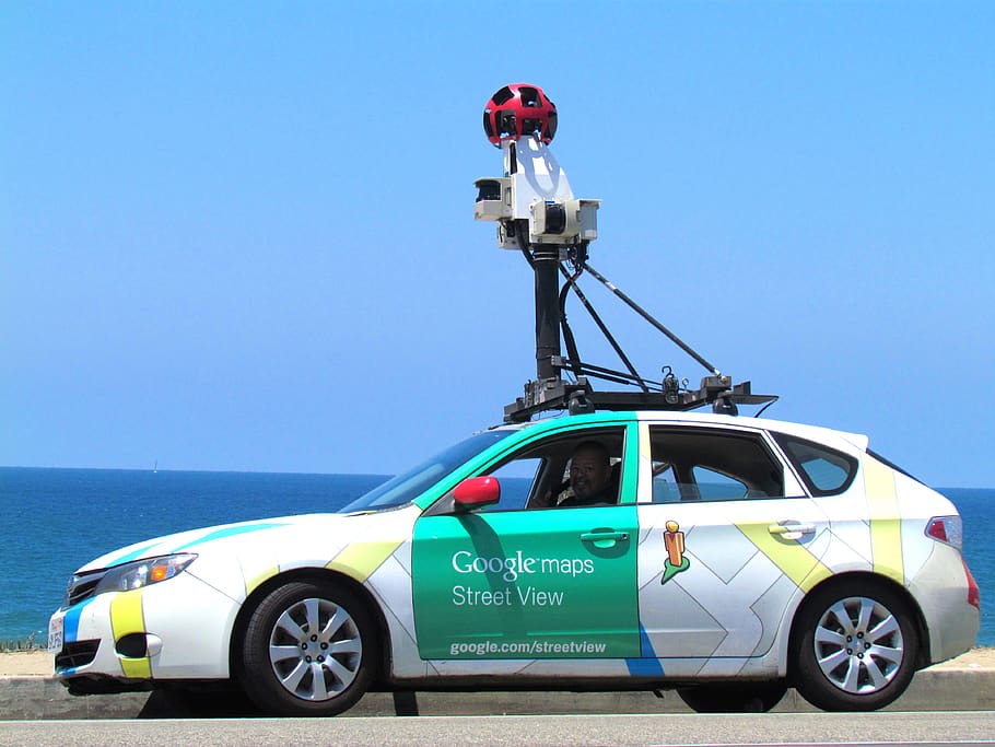 white and green Google Maps hatchback, vehicle, automobile, transportation
