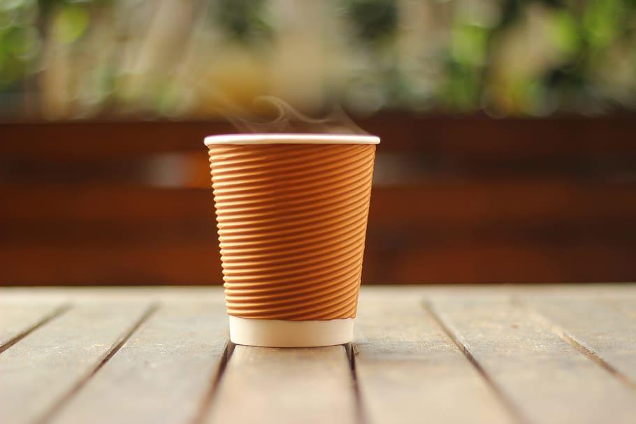Selective Focus Photo of White and Brown Disposable Cup, blurred background HD wallpaper