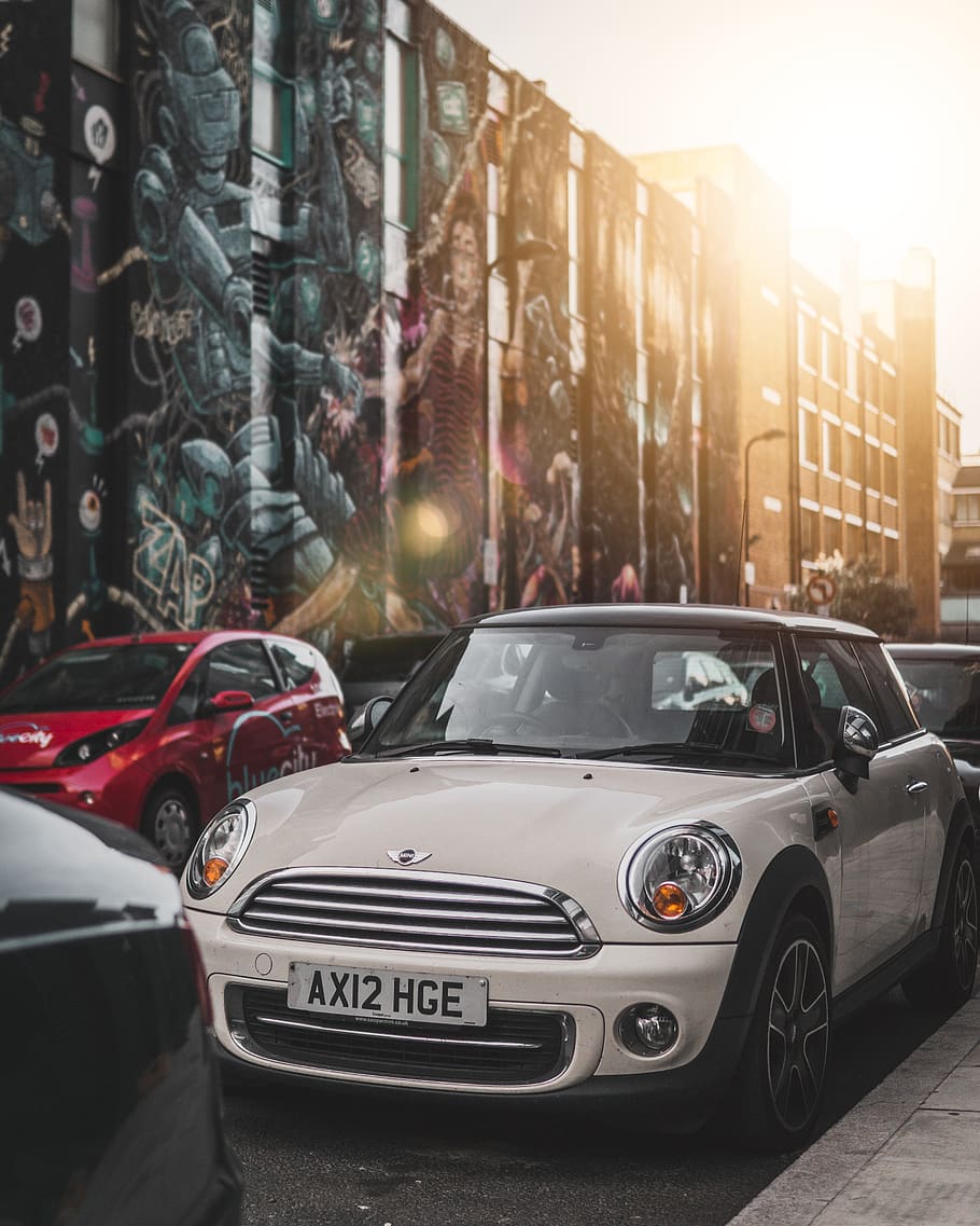 white mini Copper hatchback at road, car, motor vehicle, mode of transportation HD wallpaper
