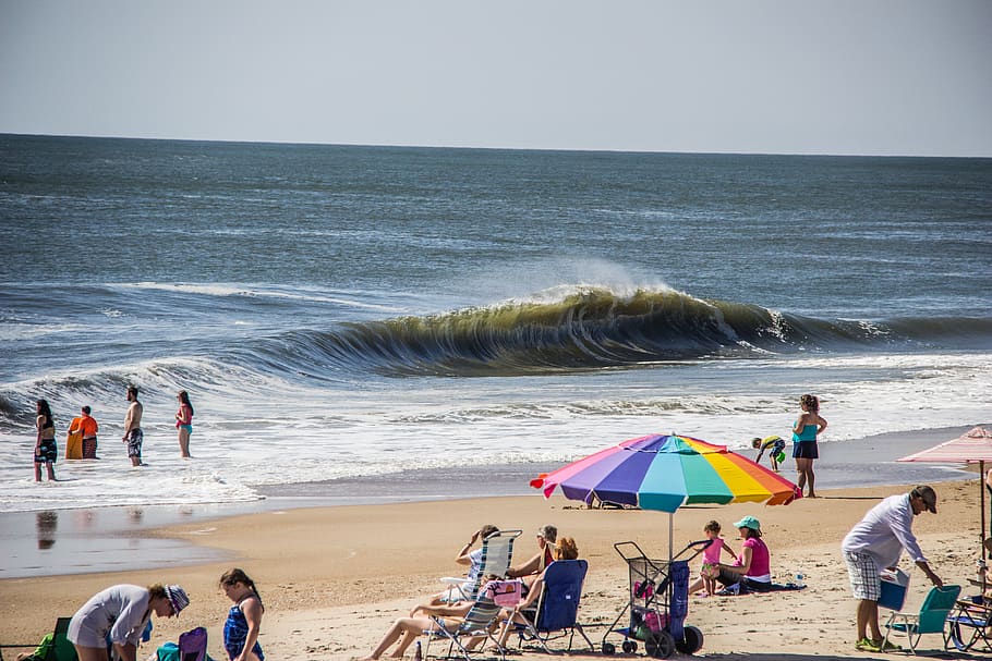 wave, ocean, beach, barrel, tube, sea, water, land, group of people HD wallpaper