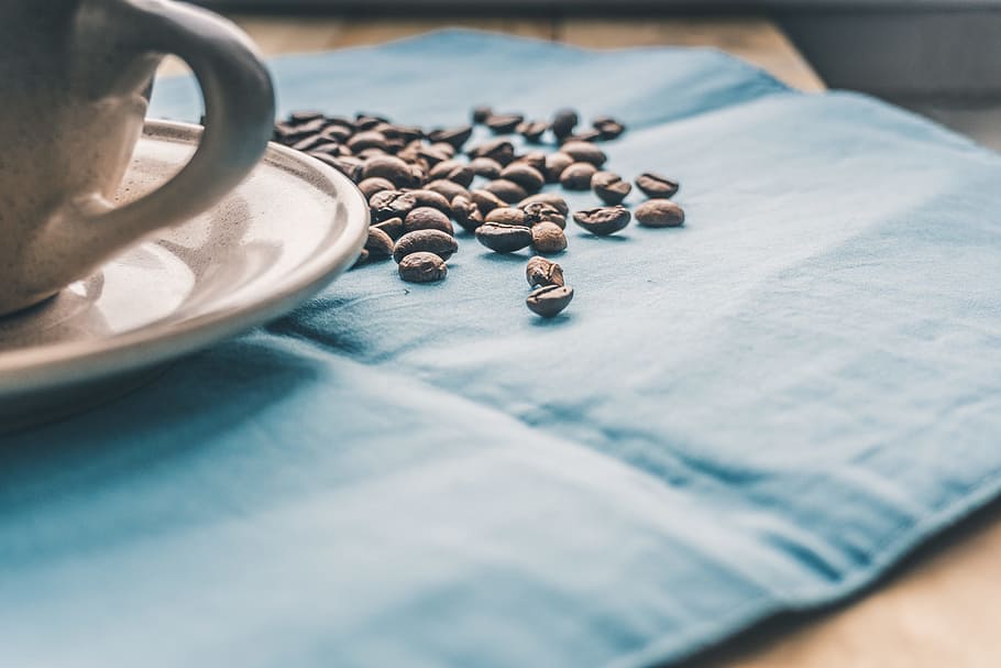 Black Coffee Beans on Blue Textile, breakfast, brown, caffeine HD wallpaper