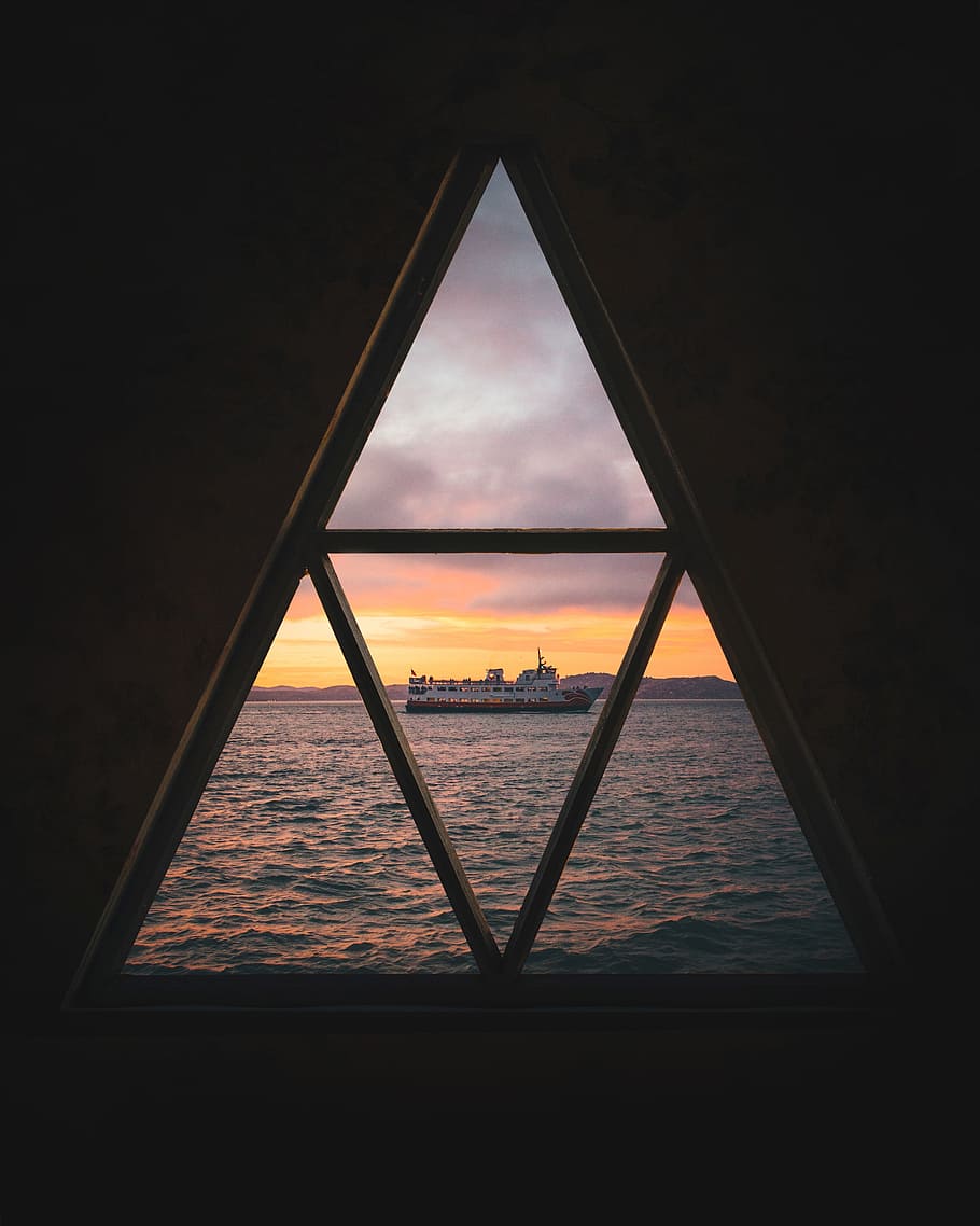 person taking photo of ship, window, boat, ocean, sunset, sunrise, HD wallpaper