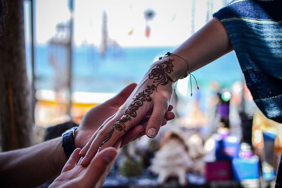 woman with mehndi tattoo, henna, human, person, finger, hand, HD wallpaper