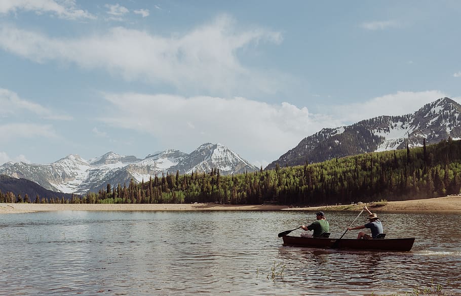 two men rowing a boat, mountain, water, nautical vessel, sky HD wallpaper