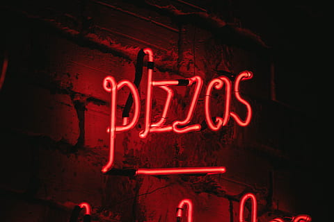 lighted red signage, rock, word, neon, pizza, hard, brick, wall HD wallpaper