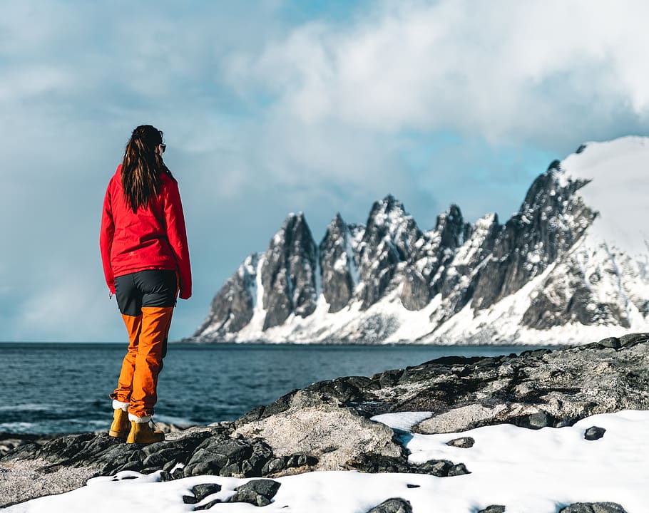 Woman Standing by the Beach, action, adventure, climb, clouds HD wallpaper