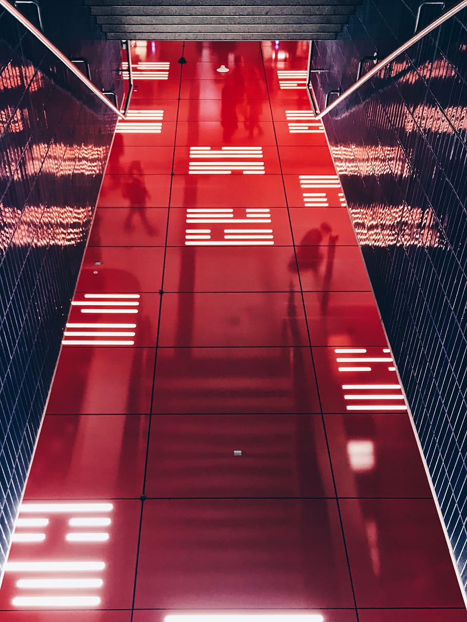 red high-rise building, handrail, banister, lighting, person HD wallpaper