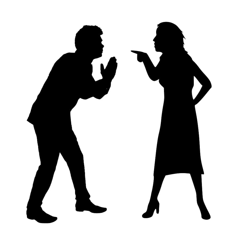 Silhouette of two people arguing., sorry, forgive, angry, apologize