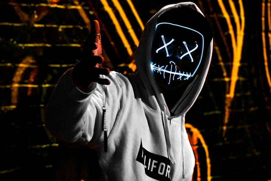 man wearing white California pullover hoodie and LED mask, apparel