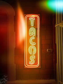 Tacos Led Signage, brick wall, bright, commerce, design, evening HD wallpaper