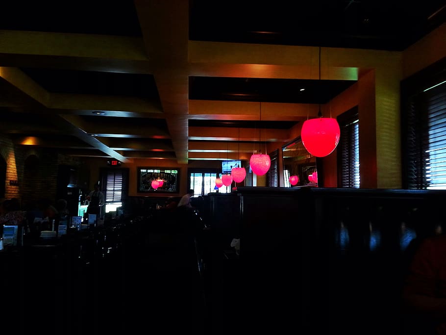 restaurant, tables, chairs, lights, bar, illuminated, lighting equipment HD wallpaper
