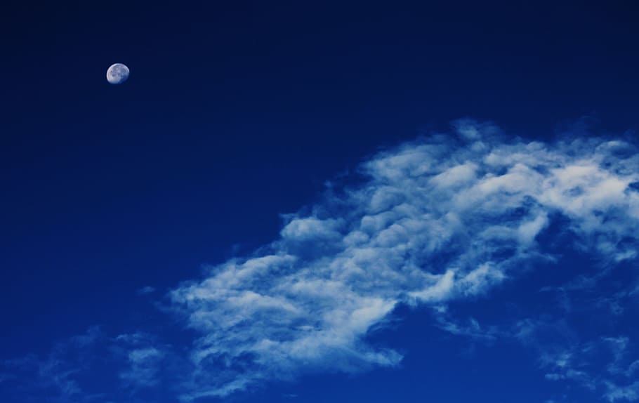 White Clouds Under Blue Sky With Gibbous Moon, daylight, nature HD wallpaper